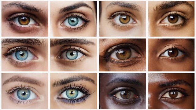 Closeup grid of diverse human eyes showing different colors, shapes and natural details