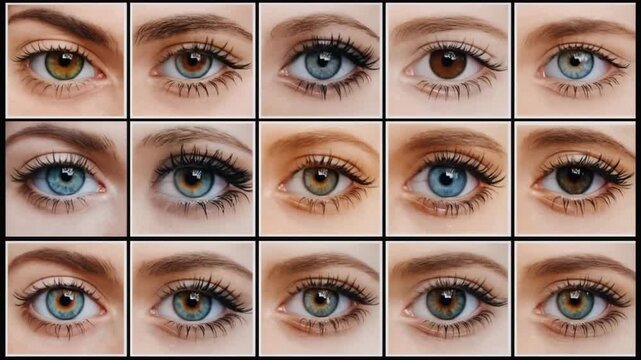 Closeup collection of human eyes with various natural colors and details