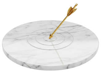 Golden arrow striking the bullseye of a elegant white marble target board.