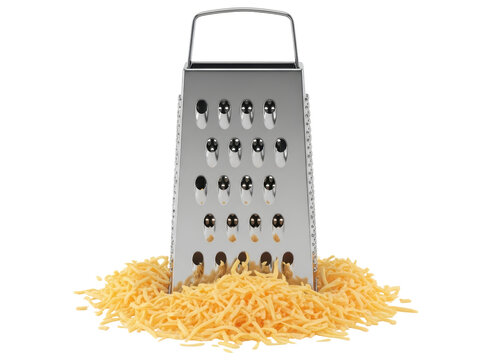 Stainless steel box grater standing in a pile of shredded yellow cheese