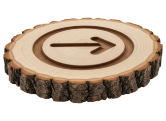 Natural wood round with a carved directional arrow design and textured bark