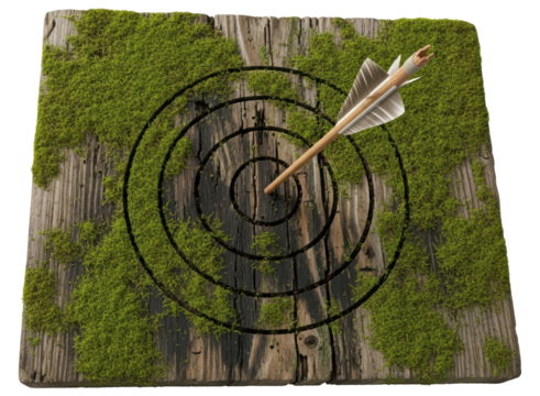 Arrow hitting bullseye on a mossy wooden target board, symbolizing natural success