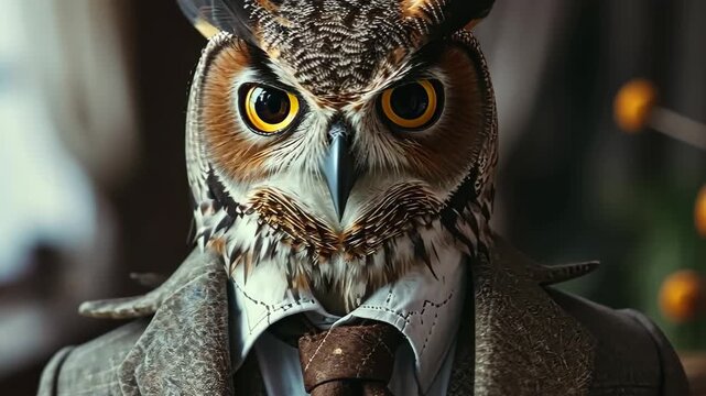 Wise Owl in Attire: A distinguished owl, exuding an air of sophistication, stands confidently, adorned in a refined suit and tie, conveying an image of knowledge, authority.