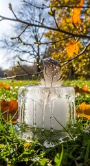 A close-up of a melting ice cube with a butterfly feather on top, surrounded by fallen autumn leaves and green grass in a natural outdoor setting during daytime