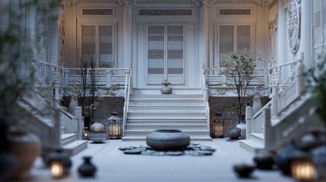 Zen Courtyard Harmony: A Tranquil Escape into White Architectural Serenity