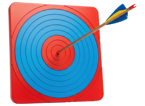 Perfect shot, arrow strikes the center of a vibrant red and blue target