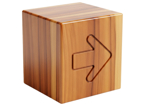 Glossy wooden cube with an engraved right arrow symbol, representing direction or next