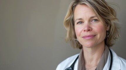 Headshot portrait of a confident middle-aged female doctor or professional with short blonde hair and a stethoscope, smiling slightly at the camera