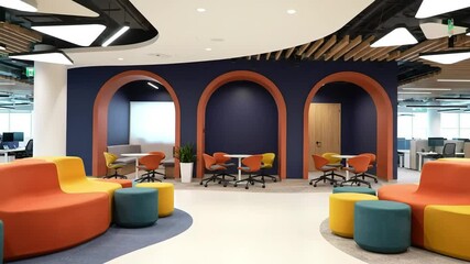 Vibrant and modern office interior with colorful, contemporary furniture, fostering collaboration and productivity in a bright, open-plan corporate setting