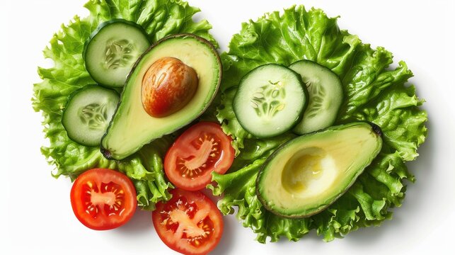 Top-down view of fresh, green lettuce leaves topped with sliced avocado, cucumber, and red tomatoes against a bright white background - Powered by Adobe
