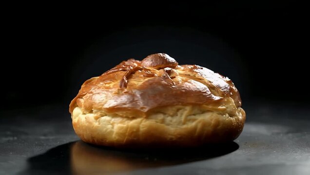 Appetizing 4K video capturing a delicious loaf of fresh sourdough bread with a wonderfully crispy crust gently rotating in a circle utilizing selective focus to highlight the healthy fresh sourdough
