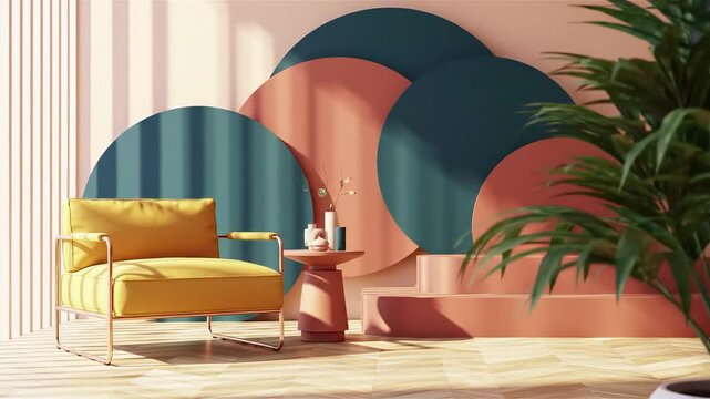 Modern living room with a yellow armchair and abstract backdrop