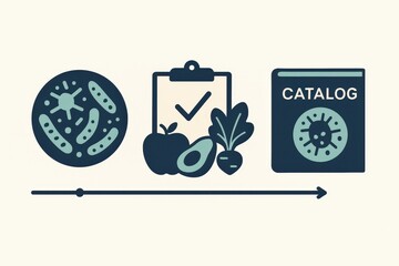 Simplified visual representation of microbial life, healthy food choices, and comprehensive nutrition catalog promoting sustainable dietary practices captured with clarity