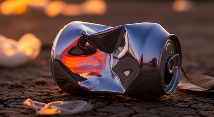 A crushed aluminum can lying on the ground with a sunset reflecting off its surface, surrounded by scattered leaves and debris in an outdoor setting