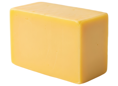 Solid rectangular block of vibrant yellow cheese, a versatile dairy product