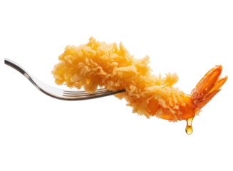 Crispy golden tempura shrimp held by a fork, with a delicious drop of sauce