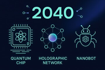 Fototapeta premium Futuristic technological concepts showcasing quantum chip holographic network and nanobot innovations poised for transformative impact in the year 2040 captured with clarity