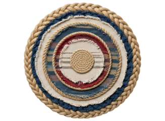 Handcrafted circular decoration with braided rope and layered fabric design