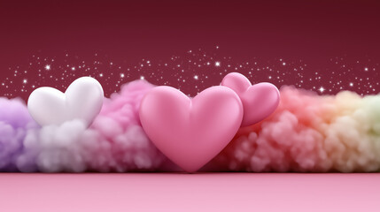 Pink heart white heart colorful smoke sparkling stars romantic dreamy fantasy love celebration happiness create magical scene with floating hearts and vibrant clouds evoking joy and affection
