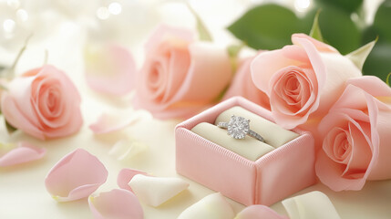 Elegant diamond engagement ring in pink velvet box surrounded by soft pink rose flowers and delicate rose petals, romantic and luxurious atmosphere