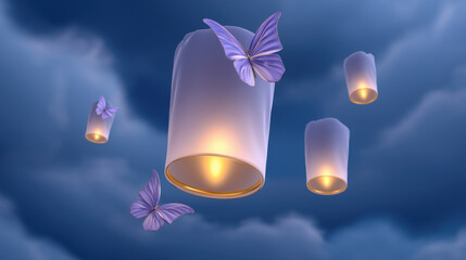 Sky lantern butterfly night glowing floating cloud dreamy peaceful celebration blue—Sky lanterns with glowing light float among clouds night adorned with purple butterflies creating dreamy