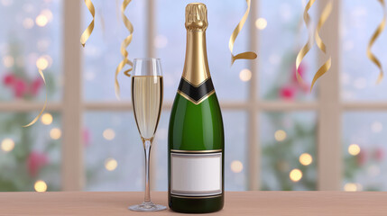 Champagne bottle champagne glass gold ribbon festive celebration sparkling wine elegant party bokeh window background create joyful atmosphere for special occasions