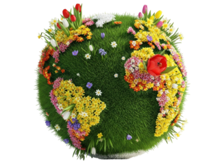 Earth globe covered in vibrant green grass and colorful spring flowers
