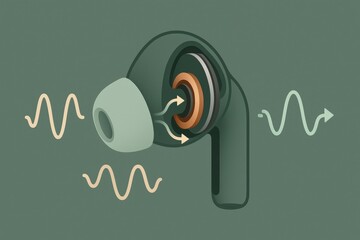 Detailed illustration of modern wireless earbud design emphasizing sound waves and internal mechanics showcasing innovative acoustic technology for audiophiles captured with clarity