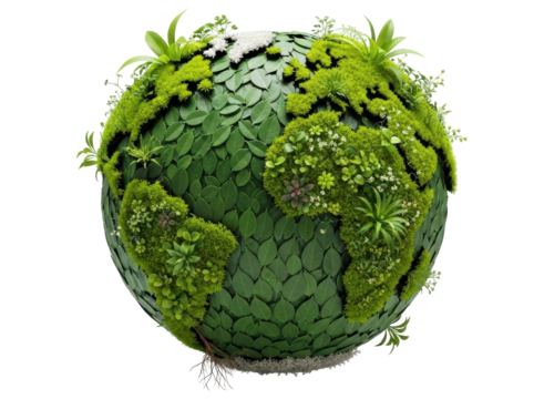 Green earth globe crafted from lush leaves and diverse plants, symbolizing ecology