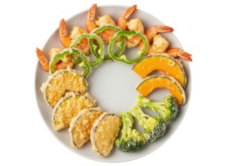 Delicious assortment of japanese tempura with shrimp and mixed vegetables