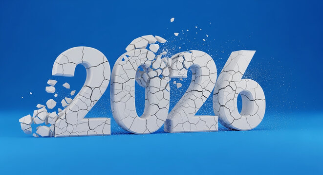 Dramatic 2026 Year Rendering with Cracking Effect Against Blue Background Showing Change and Progress