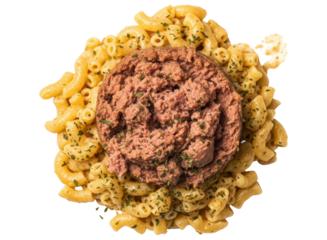 Hearty macaroni and cheese with savory ground meat topping and fresh herbs