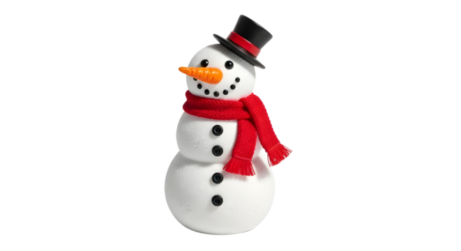 Cheerful snowman figure wearing red scarf and hat isolated PNG with Transparent Background