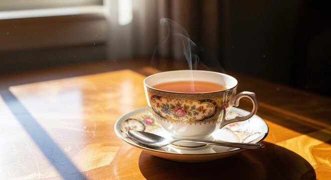 Elegant teacup and saucer with steaming tea in the morning sunlight creating a peaceful ambiance - Powered by Adobe