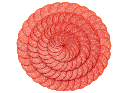 Delicious thinly sliced salami arranged in an appetizing spiral pattern