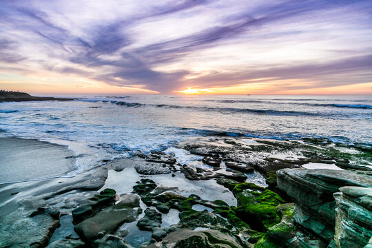 Purple Sunset Over California Beach - Powered by Adobe