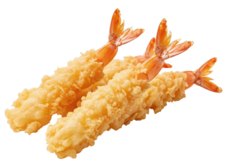 Three perfectly cooked golden tempura shrimp, a popular japanese delicacy