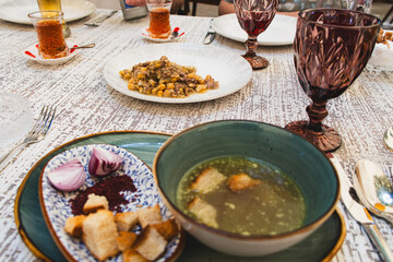 Azerbaijan, Baku. Traditional Azerbaijani Sheki region soup Piti.