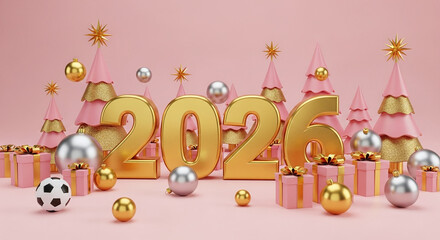 Obraz premium Happy New Year 2026 festive arrangement with golden numbers and pink Christmas trees