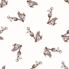 Pilgrim follow the road seamless vector pattern. Black and white church sanctuary background for religious travel. Pilgrim shell for St James way Santiago de compostela swatch. European travel retreat