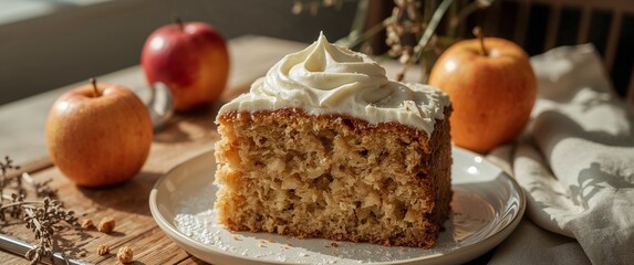 Apple spice cake with cream cheese frosting on wooden table