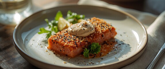 Sesame-crusted salmon with creamy sauce and fresh herbs