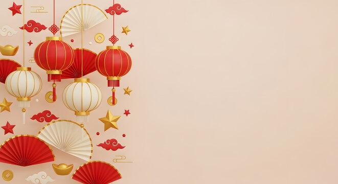 Soft beige background decorated with red lanterns gold elements and festive ornaments