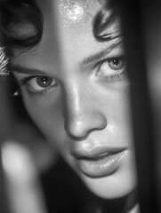 Fototapeta premium Intense Gaze of a Young Person in Dramatic Black and White Lighting