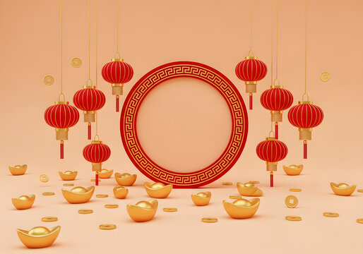Elegant circular frame surrounded by red lanterns and gold ingots representing prosperity and celebration