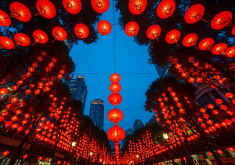 Beautiful overhead lantern display in a blue sky creating a festive urban celebration Sky view of Chinese lanterns arranged above city street