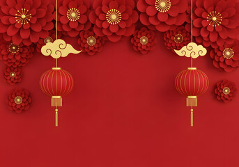 Red floral wall with gold lantern decorations Beautiful backdrop of red flowers gold clouds and lanterns for festive celebrations