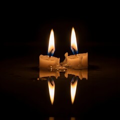Two melting candles with flames burning brightly against a dark background, creating a warm and calming atmosphere with reflections on the surface below
