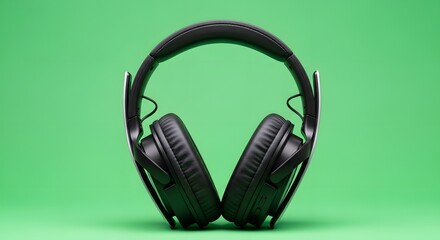 A pair of black over-ear headphones positioned against a vibrant green background, highlighting audio equipment for music and sound enthusiasts