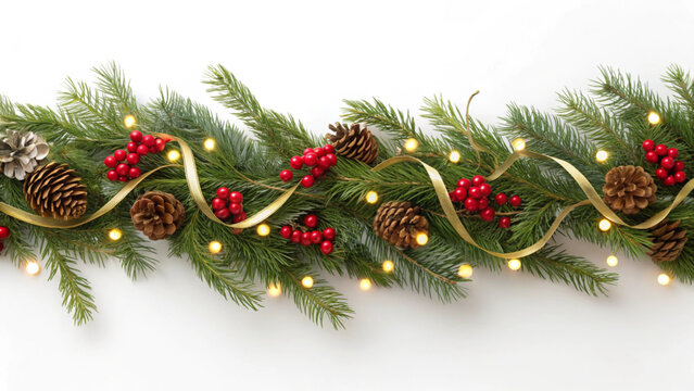 A rich Christmas garland made of pine boughs, red berries, natural pine cones, and a shimmering gold ribbon is draped horizontally, illuminated by bright, warm fairy lights on a white background.